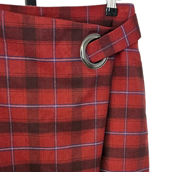 Free People  Tessa Plaid Mini Skirt Size 4 Aysymmetrical Red Lined - Picture 5 of 8